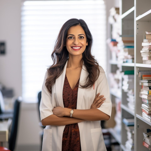 Friendly smiling beautiful indian woman clinical psychologist at work on blured background