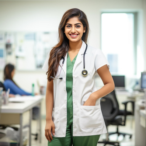 Friendly smiling beautiful indian woman respiratory therapist at work on blured background