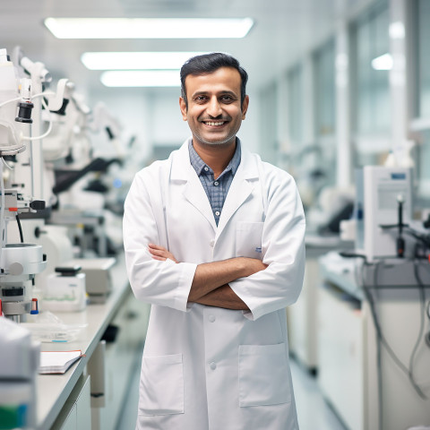 Friendly smiling handsome indian man biomedical engineer at work on blured background