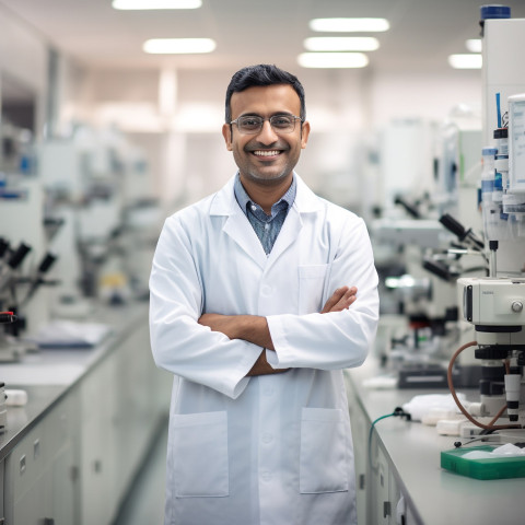 Friendly smiling handsome indian man biomedical engineer at work on blured background