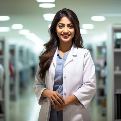 Friendly smiling beautiful indian woman hospital administrator at work on blured background