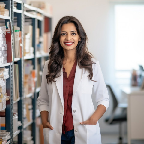 Friendly smiling beautiful indian woman clinical psychologist at work on blured background