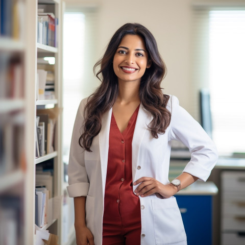 Friendly smiling beautiful indian woman clinical psychologist at work on blured background