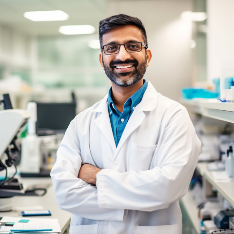 Friendly smiling handsome indian man medical laboratory technologist at work on blured background