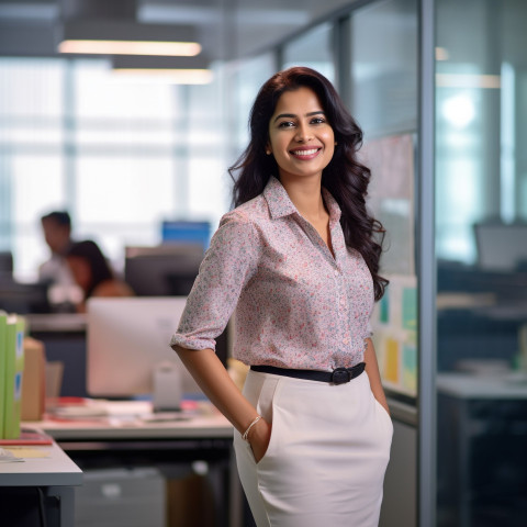 Friendly smiling beautiful indian woman social worker at work on blured background