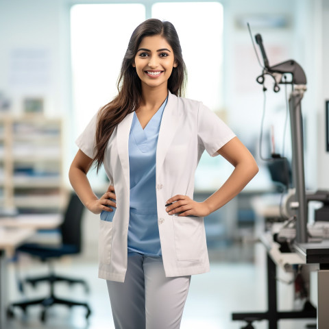 Friendly smiling beautiful indian woman occupational therapist at work on blured background