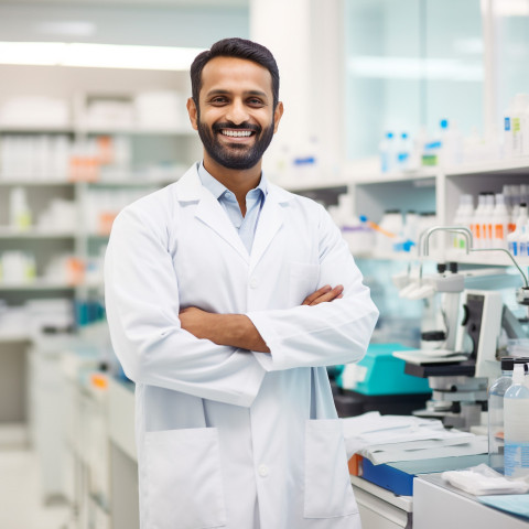 Friendly smiling handsome indian man medical laboratory technologist at work on blured background