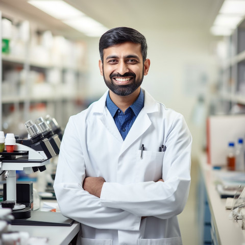 Friendly smiling handsome indian man medical laboratory technologist at work on blured background