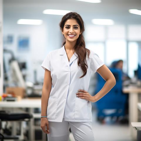 Friendly smiling beautiful indian woman occupational therapist at work on blured background