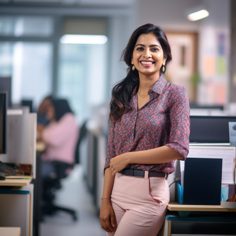 Friendly smiling beautiful indian woman social worker at work on blured background