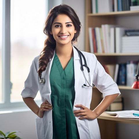 Friendly smiling beautiful indian woman patient advocate at work on blured background