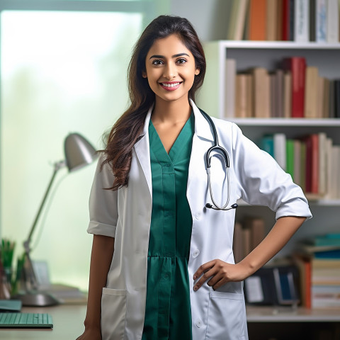 Friendly smiling beautiful indian woman patient advocate at work on blured background