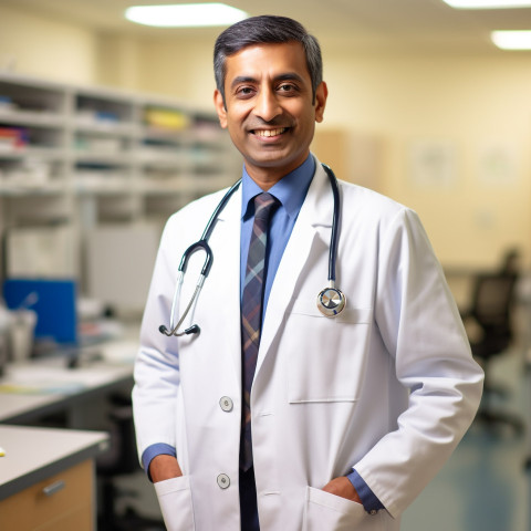 Friendly smiling handsome indian man hospital administrator at work on blured background