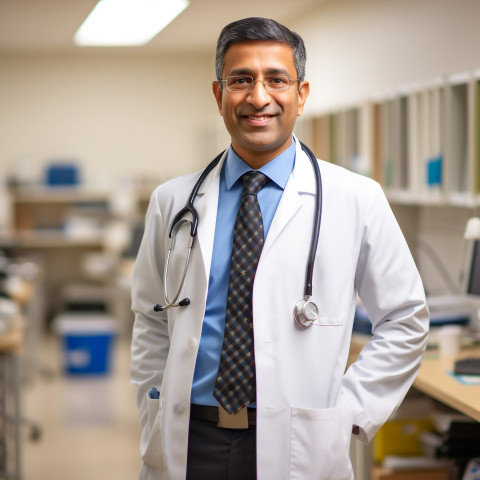 Friendly smiling handsome indian man hospital administrator at work on blured background