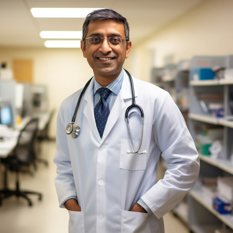 Friendly smiling handsome indian man hospital administrator at work on blured background