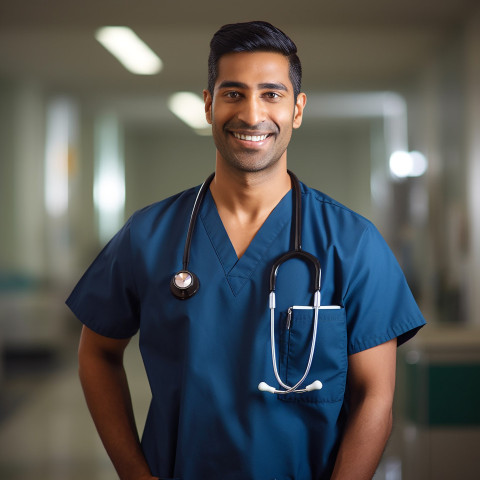 Friendly smiling handsome indian man nurse at work on blured background