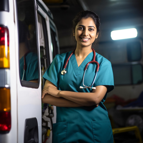 Friendly smiling beautiful indian woman ambulance driver at work on blured background