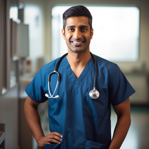 Friendly smiling handsome indian man nurse at work on blured background