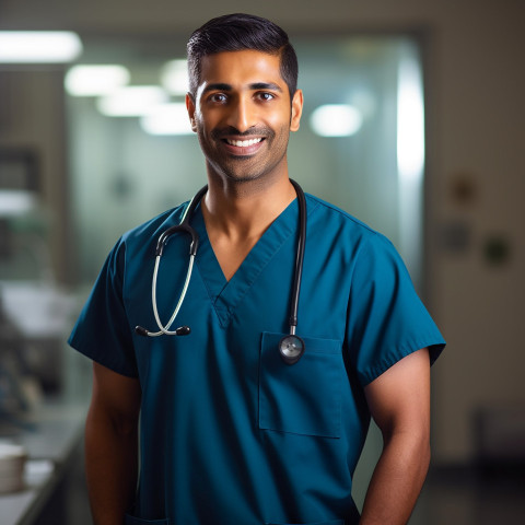 Friendly smiling handsome indian man nurse at work on blured background