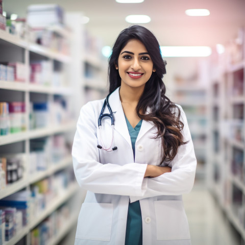 Friendly smiling beautiful indian woman pharmacist at work on blured background