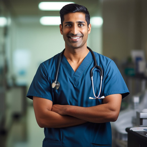 Friendly smiling handsome indian man nurse at work on blured background