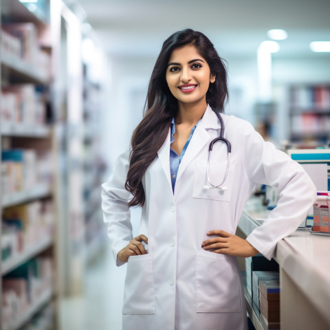 Friendly smiling beautiful indian woman pharmacist at work on blured background