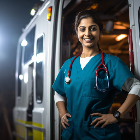 Friendly smiling beautiful indian woman ambulance driver at work on blured background