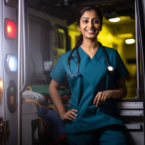 Friendly smiling beautiful indian woman ambulance driver at work on blured background