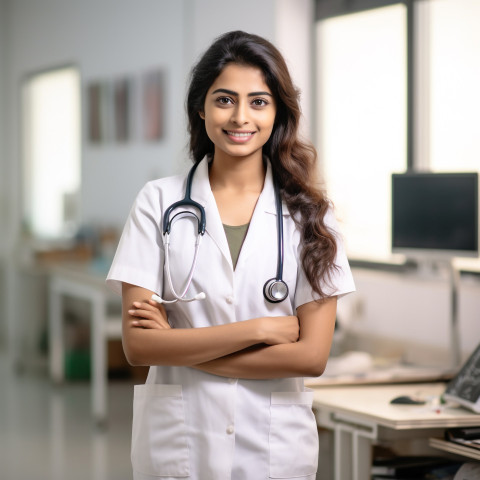 Friendly smiling beautiful indian woman physician at work on blured background