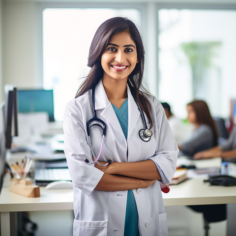 Friendly smiling beautiful indian woman physician at work on blured background