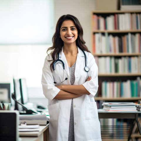 Friendly smiling beautiful indian woman physician at work on blured background