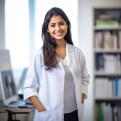 Friendly smiling beautiful indian woman physician at work on blured background