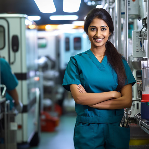 Friendly smiling beautiful indian woman paramedic at work on blured background