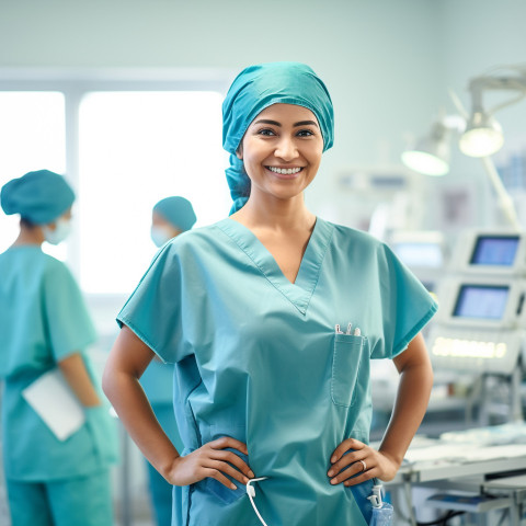 Friendly smiling beautiful indian woman surgeon at work on blured background