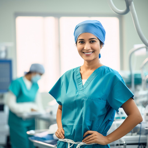 Friendly smiling beautiful indian woman surgeon at work on blured background