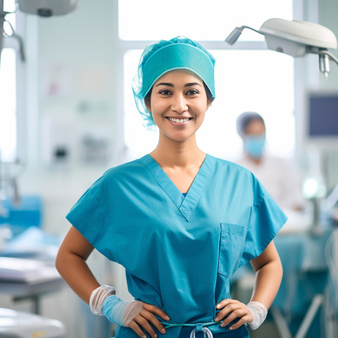 Friendly smiling beautiful indian woman surgeon at work on blured background