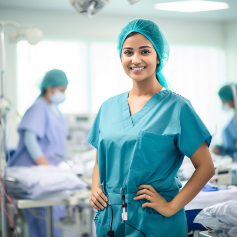 Friendly smiling beautiful indian woman surgeon at work on blured background