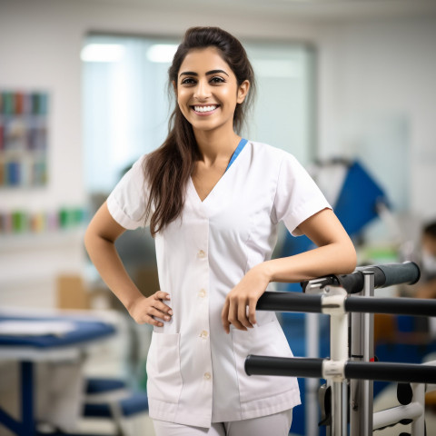 Friendly smiling beautiful indian woman physical therapist at work on blured background