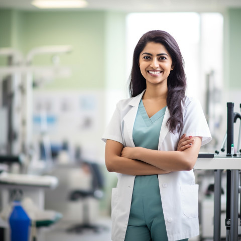 Friendly smiling beautiful indian woman physical therapist at work on blured background