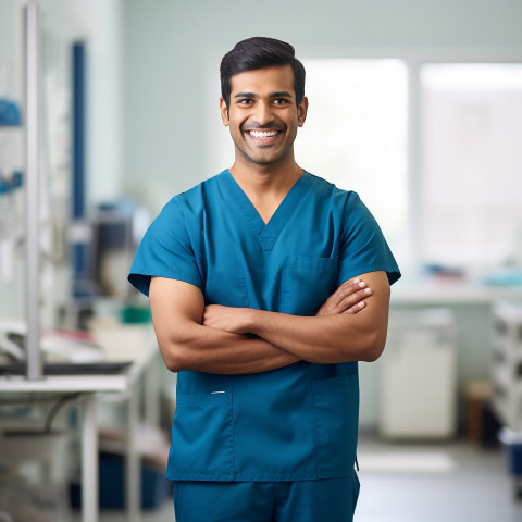 Friendly smiling handsome indian man physical therapist at work on blured background