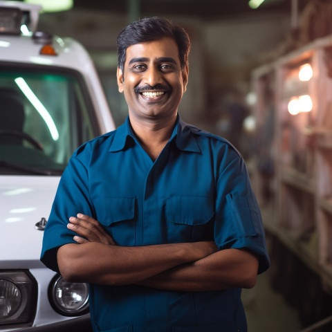 Friendly smiling handsome indian man ambulance driver at work on blured background