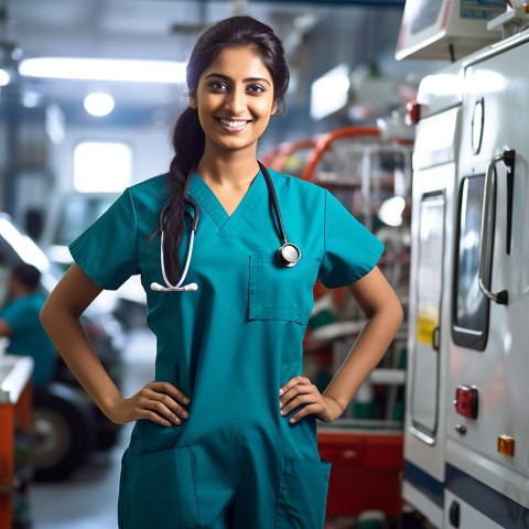 Friendly smiling beautiful indian woman paramedic at work on blured background