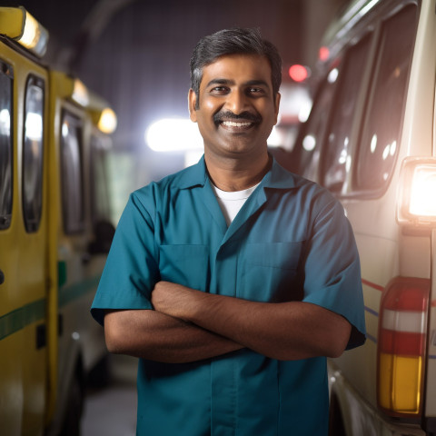 Friendly smiling handsome indian man ambulance driver at work on blured background