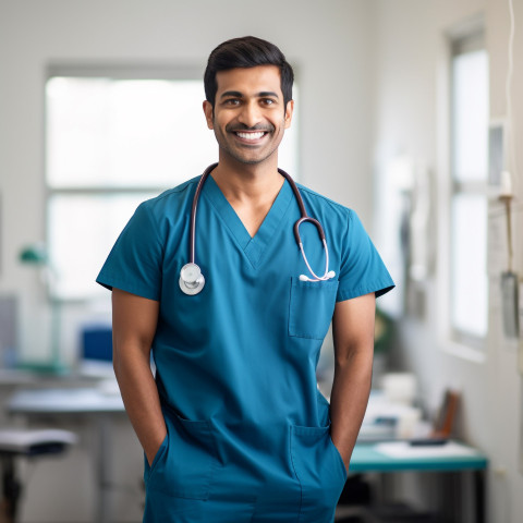 Friendly smiling handsome indian man physical therapist at work on blured background