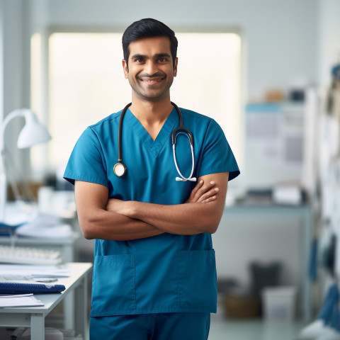 Friendly smiling handsome indian man physical therapist at work on blured background