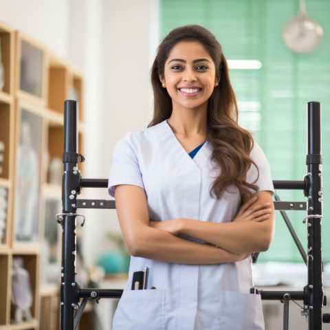 Friendly smiling beautiful indian woman physical therapist at work on blured background