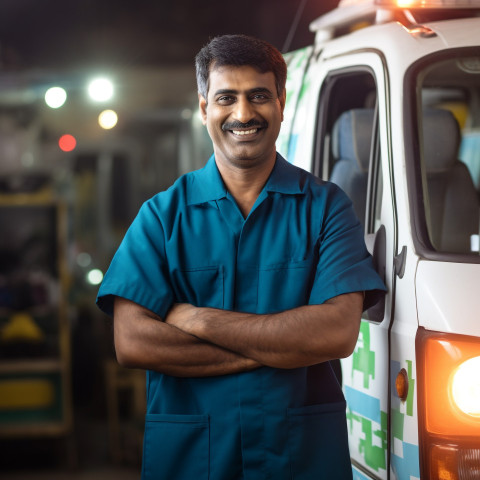 Friendly smiling handsome indian man ambulance driver at work on blured background