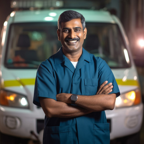 Friendly smiling handsome indian man ambulance driver at work on blured background