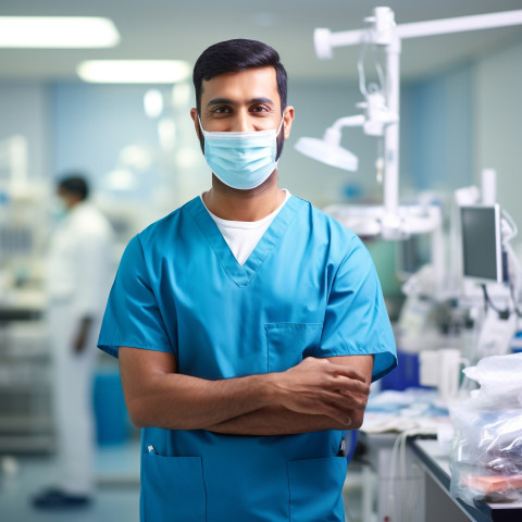 Friendly smiling handsome indian man infection control specialist at work on blured background