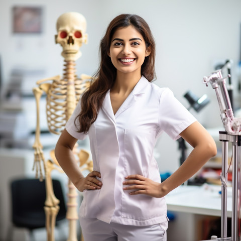 Friendly smiling beautiful indian woman physical therapist at work on blured background